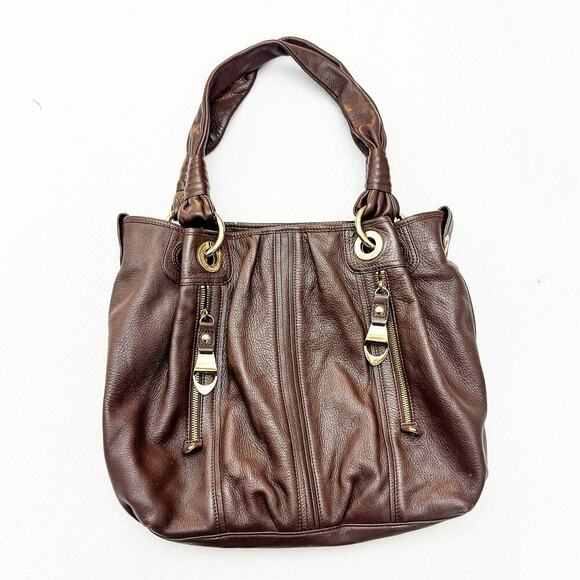 B. Makowsky Chocolate Brown Pebbeled Leather Gold Accents Two Straps Purse/Bag - Picture 1 of 6